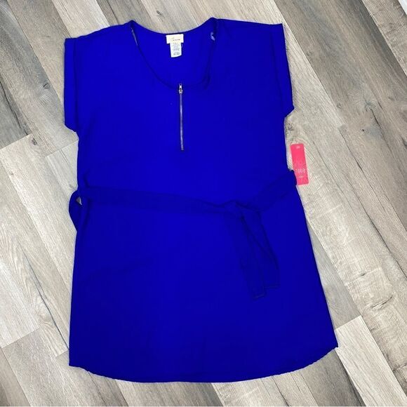 Tovia Scoop Neck Tie Waist Tunic Shirt Dress Cobalt Blue Large Mini - Picture 12 of 13